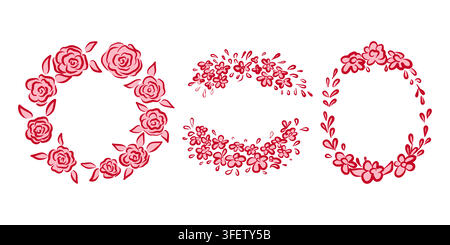 Set of hand drawn pink rose floral frames, round wreaths and oval borders, perfect for wedding invitations, greeting cards, romantic stationery, label Stock Vector