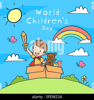 World Childrens Day Square Social Media Post Boy Playing Box Stock Vector