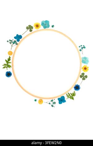 Dried pressed flower leaf abstract wreath garland on white background. Wooden frame decoration design for greeting card, logo, invitation. Stock Photo