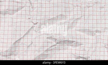 White checkered notebook paper with grid pattern. Crumpled sheet texture perfect for school mathematics, education designs, and geometric backgrounds. Stock Photo