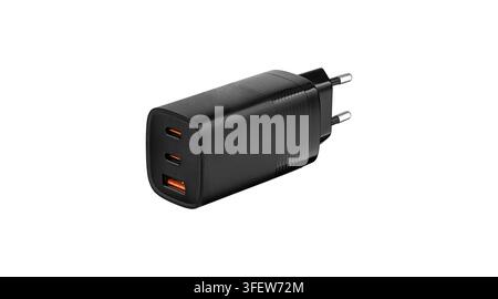 Fast charging power adapter with dual USB-C and one USB-A ports. Professional studio shot of a universal plug for smartphones, tablets, and laptops is Stock Photo