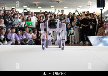 Humanoid robots, quadrupeds and AI-powered companion machines perform during Robots on the Runway at IFA 2026 at Messe Berlin in Berlin, Germany, on Saturday, September 5, 2026. The live technology showcase turned the traditional fashion-show format over to robots, with machines walking the catwalk, dancing, posing, performing tricks and demonstrating advances in movement, sensor technology and human-machine interaction. Eleven robotics companies took part in the show, bringing together humanoid, four-legged, transformable and companion robots as artificial intelligence and so-called embodied Stock Photo
