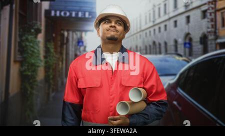 Hispanic man in hard hat holding rolled blueprints and wearing red uniform, beard visible, looks up on street near hotel; determination planning. Stock Photo
