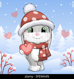 Cute cartoon Gray Rabbit in winter. Vector illustration of animal with red hat and scarf on blue background with snow and trees. Stock Vector