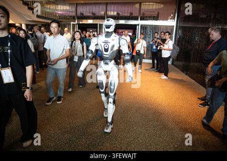 Humanoid robots, quadrupeds and AI-powered companion machines perform during Robots on the Runway at IFA 2026 at Messe Berlin in Berlin, Germany, on Saturday, September 5, 2026. The live technology showcase turned the traditional fashion-show format over to robots, with machines walking the catwalk, dancing, posing, performing tricks and demonstrating advances in movement, sensor technology and human-machine interaction. Eleven robotics companies took part in the show, bringing together humanoid, four-legged, transformable and companion robots as artificial intelligence and so-called embodied Stock Photo