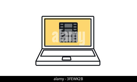 Laptop computer with video film strip symbol on screen vector icon. Black line art with color offset fill style on white background. Stock Vector