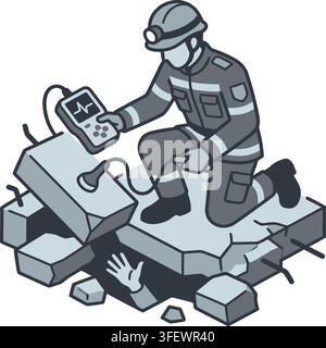 Isometric rescuer searching for survivors trapped under collapsed concrete rubble Stock Vector