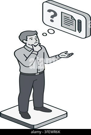 Isometric Illustration of a Man Thinking about Writing a Document Stock Vector