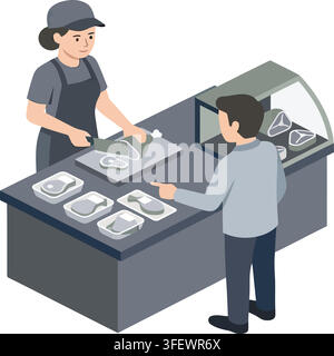 Isometric illustration of butcher serving customer at meat counter Stock Vector