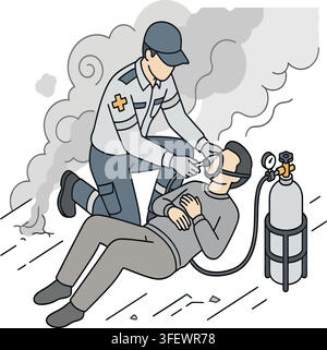 Rescue worker providing oxygen to unconscious person during emergency Stock Vector