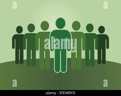 A group of seven green human figures standing in unison Stock Vector
