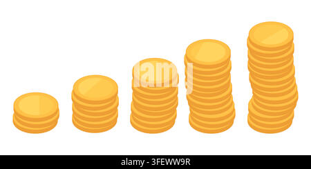 Isometric Growing Stacks of Gold Coins Vector Financial Success and Profit Concept Stock Vector
