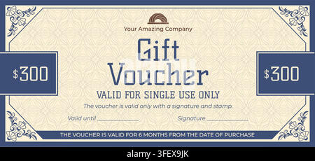 Vintage Gift Voucher Template. Luxury Gift Voucher Template in Royal Blue and Beige Colors Stock Vector