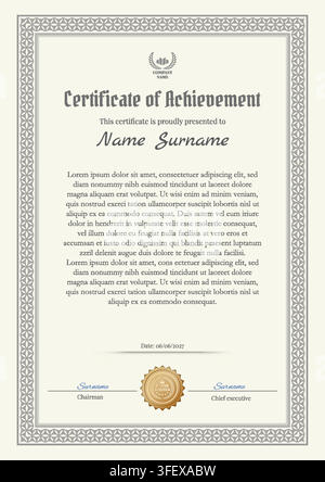 Elegant Certificate of Achievement template with vintage border, grey and silver award diploma vector Stock Vector