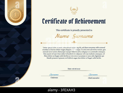 Modern Asymmetric Certificate Template with Gold Medal and Geometric Pattern. Stock Vector