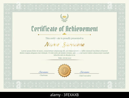 Horizontal Certificate Template with Elegant Guilloche Pattern and Gold Seal Stock Vector