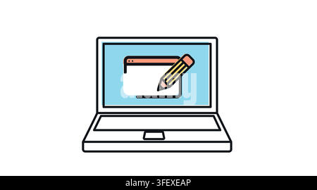 Laptop computer with pencil and website browser symbol on screen vector icon. Black line art with color offset fill style on white background. Stock Vector