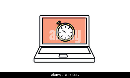 Laptop computer with stopwatch speed symbol on screen vector icon. Black line art with color offset fill style on white background. Stock Vector