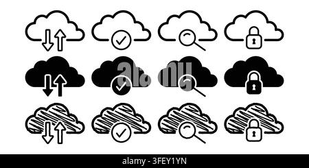Cloud computing icon set including upload, download, check mark, search, and secure lock in three different graphic styles. Vector illustration. Stock Vector