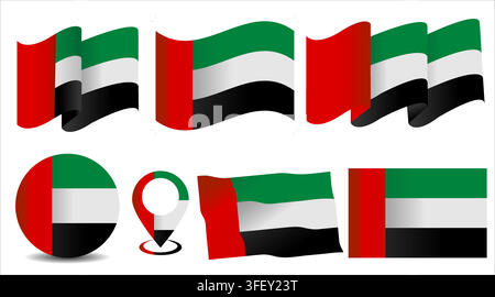 United Arab Emirates flags in waving shapes with globe and location pin isolated on white Stock Vector