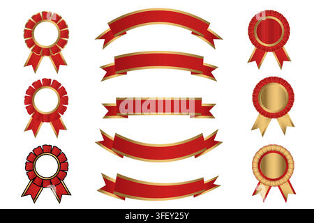 Red gold award ribbons and blank banners collection isolated on white background for celebrations designs Stock Vector