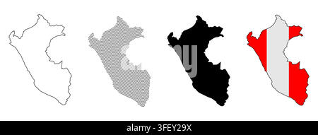 Peru map collection featuring outline, dotted texture, silhouette, and national flag inspired designs for travel Stock Vector