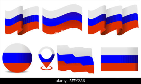 Russia national flag set featuring flowing fabric banners, map-inspired shapes, location marker and geometric symbols Stock Vector