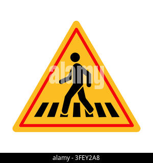 Yellow triangular pedestrian crossing warning sign with bold red border and black walking person symbol Stock Vector