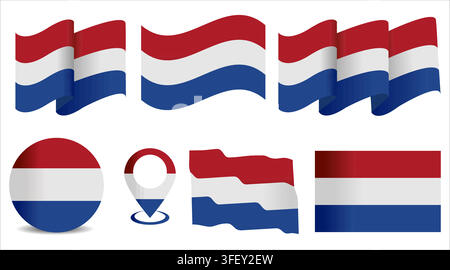 Netherlands National Flag Icon Bundle in Waving, Circular, Pin, and Flat Rectangle Designs Stock Vector