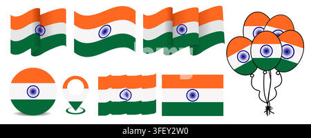 India National Flag Icon Bundle in Waving, Round, Location Pin, and Balloon Styles Stock Vector