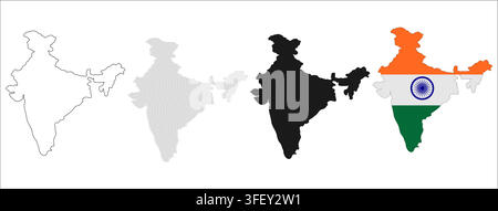 India Country Map Icon Bundle with Outline, Dotted, Silhouette, and Tricolor Flag Styles Stock Vector