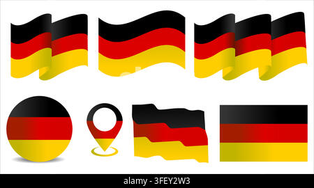 Germany National Flag Icon Bundle in Waving, Round, Pin, and Flat Rectangle Designs Stock Vector