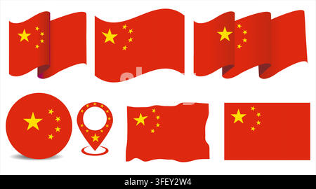 Chinese flag collection with waving flags, emblem, location marker, and rectangular designs isolated on white Stock Vector