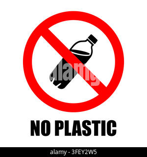 No Plastic Bottle Sign Icon with Red Prohibition Symbol and Bold Text Stock Vector
