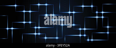 Abstract blue neon light lines and geometric squares on dark background. Cyber security, digital network, and technology design. Vector illustration. Stock Vector