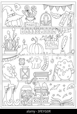 Coloring Book For Adults And Kids On A Shelf With Halloween Autumn Decorations Stock Vector