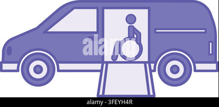 Purple Wheelchair Access Icon. Vector Illustration. Van, Person in a Wheelchair, and Ramp. Accessibility and Universality Concept Stock Vector