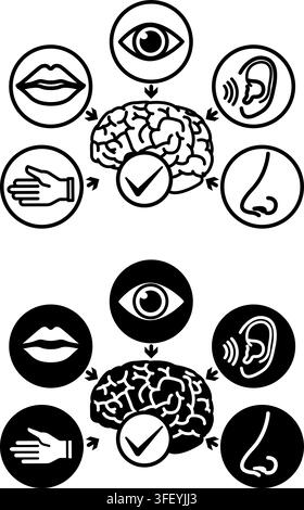 Sensory Friendly Icons. Line and Glyph Vector Illustrations. Adapted for People with Touch Sensitivities. Brain with Check Mark, Nose, Ear, Eye, Mouth Stock Vector