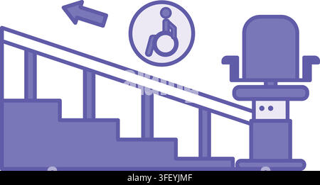 Purple Stair Lift Icon. Vector Illustration. Mechanical Device for Moving People with Limited Mobility Up Stairs. Chair and Person in a Wheelchair. Stock Vector
