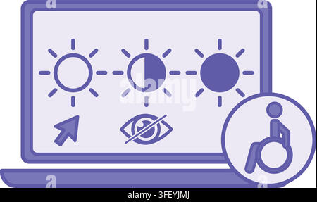 Purple High Contrast Mode Icon. Vector Illustration. Increasing the Color Difference Between Interface Elements and the Background on a Laptop. Stock Vector