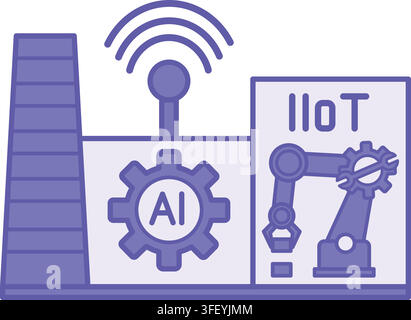 Purple Smart Manufacturing Hub Icon. Vector Illustration. Implementation of Automation and Digitalization in Enterprise. Stock Vector