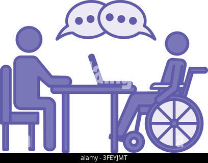 Purple Inclusive Workplace Icon. Vector Illustration. Employees at a Desk Discussing a Business Plan. A Person in a Wheelchair and a Laptop. Stock Vector