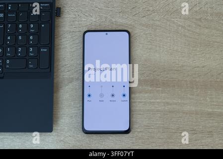 Top view of a smartphone displaying a clean project plan interface with phases including plan, build, review, and launch, placed beside a keyboard on Stock Photo