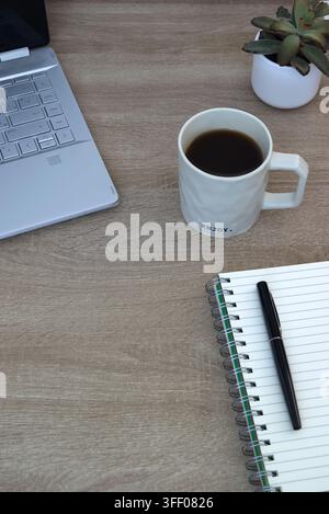 Overhead angle of a modern remote workspace featuring a partial laptop, a ceramic coffee mug with text detail, a small succulent plant, and a lined no Stock Photo
