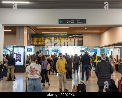 MADRID, SPAIN - FEBRUARY 24, 2026: Crowds wait beneath departure boards for at Madrid Chamartin-Clara Campoamor station, a busy passenger concourse fo Stock Photo