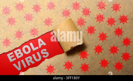 A conceptual image representing the Ebola virus threat, featuring the words 'Ebola Virus' revealed under torn brown paper decorated with red virus ico Stock Photo