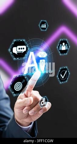 Businessman interacting with a glowing virtual AI interface surrounded by digital business and automation icons Stock Photo