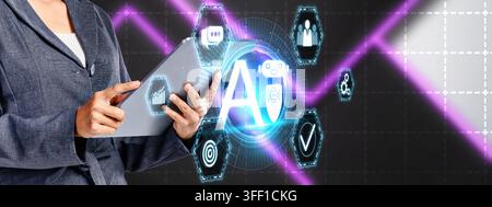 Business woman using digital tablet with AI artificial intelligence interface and futuristic graphic icons representing automation, customer service, Stock Photo