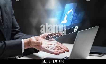 Businessman interacting with a holographic AI prompt interface on a laptop to control robotic arm automation, showcasing advanced prompt engineering a Stock Photo