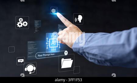 Businessman pointing finger at glowing AI chip hologram with futuristic technology icons and coding interface against a dark background with copy spac Stock Photo